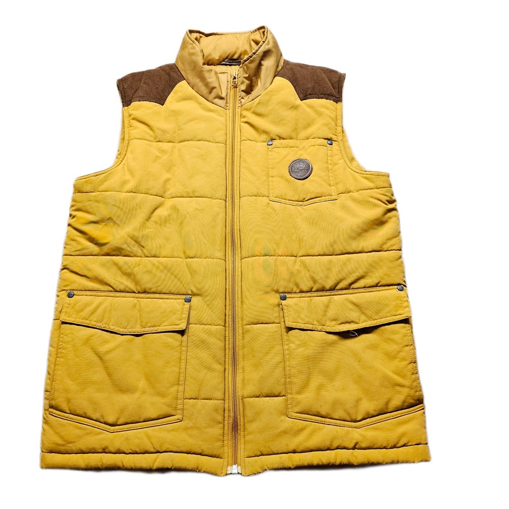Timberland Hooded Puffer Vest Mens XL Gold Brown Fleece Trim Full Zip Outdoor